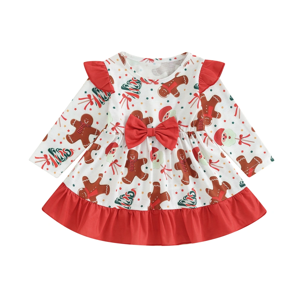 Girls Christmas Dress Gingerbread Man Print Bow Patchwork A-line Dress