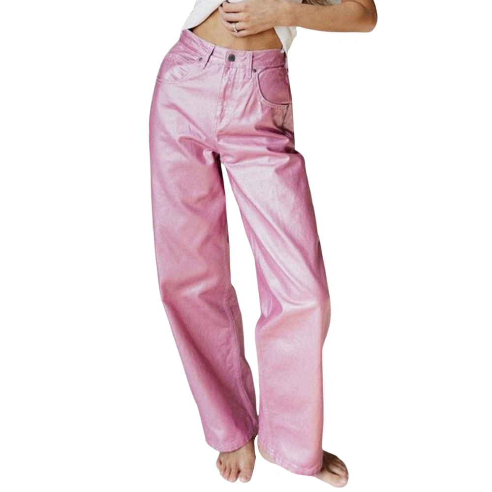 Women's Metallic Denim Pants, Solid Color Disco Straight Trousers