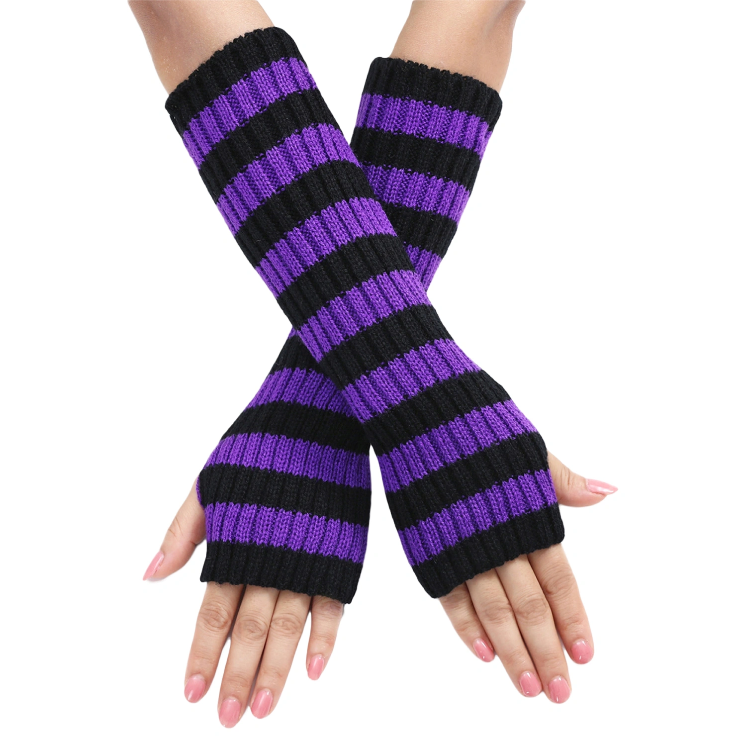 Women Knitted Mittens Fashion Cute Striped Gloves Winter Arm Warmers