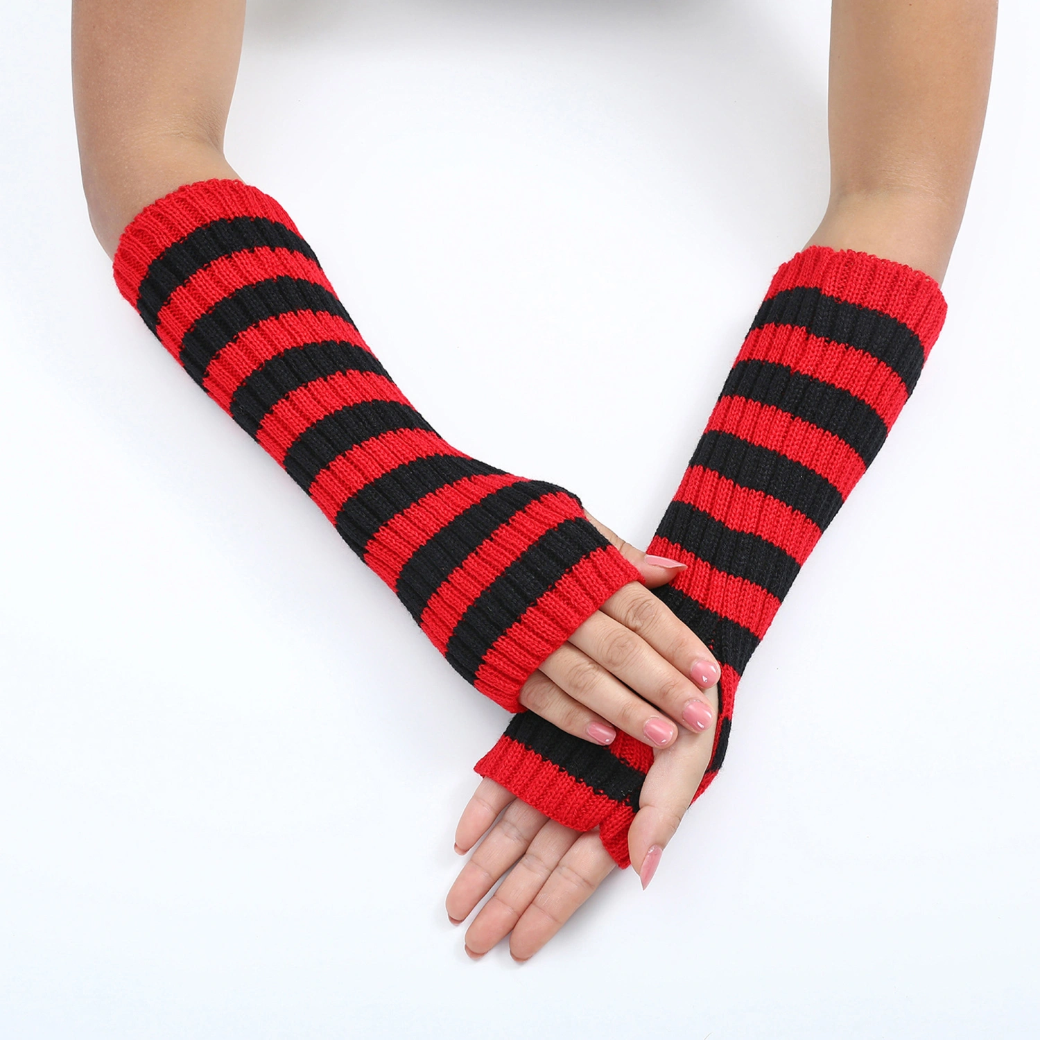 Women Knitted Mittens Fashion Cute Striped Gloves Winter Arm Warmers