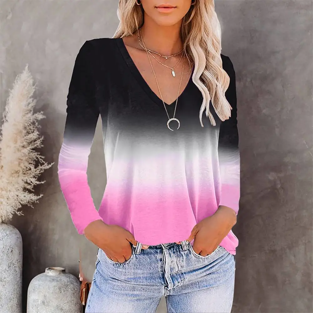  
    Womens Gradient V-Neck Long Sleeve Pullover T Shirt Blouse Ladies Casual Tops