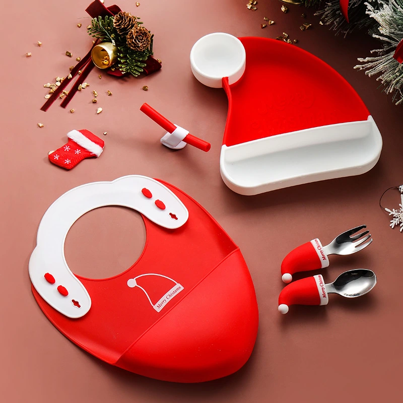 Creative Children's Christmas Hat Silicone Plate Spork Suit