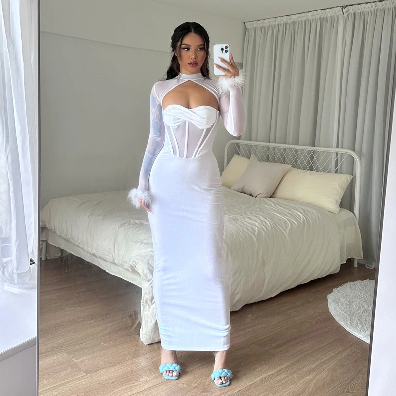 Women's Plush Mesh Stitching Sexy Hollow Dress