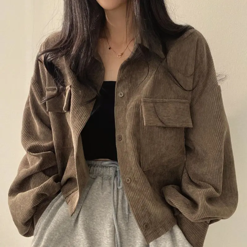 Women Long Sleeve Shirt Retro Corduroy Thickened Tops Polo Collar Solid Color Jacket