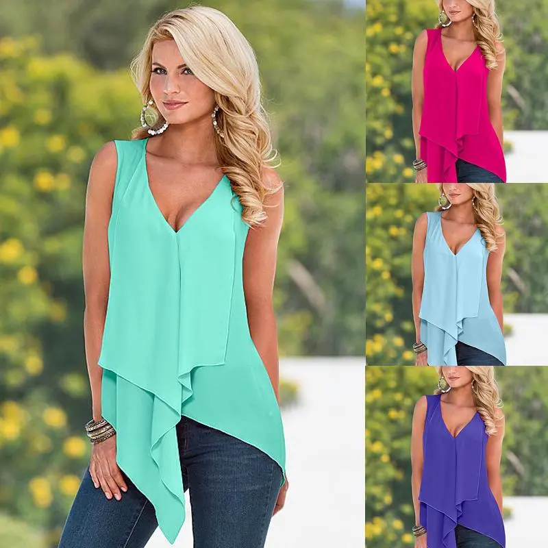 Elegant Lady Summer Chiffon Top Falbala V-neck Sleeveless Casual Tank Tops Cocktail Party Beach Vest