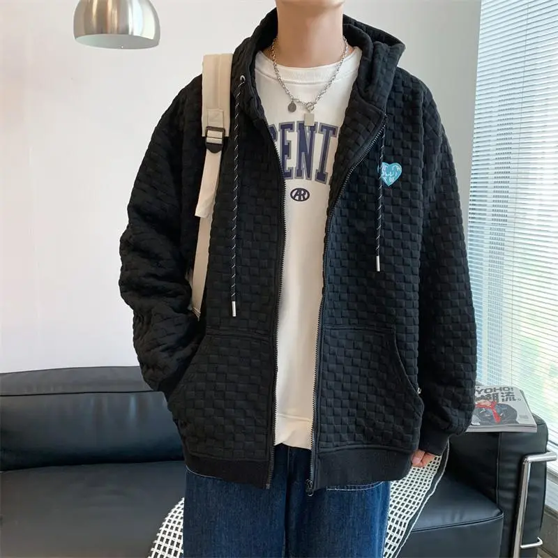 Spring Plaid Cardigan Sweater Jacket Men's Ins Hong Kong Style Loose Casual Hooded Jacket Korean Trend Student Jacket