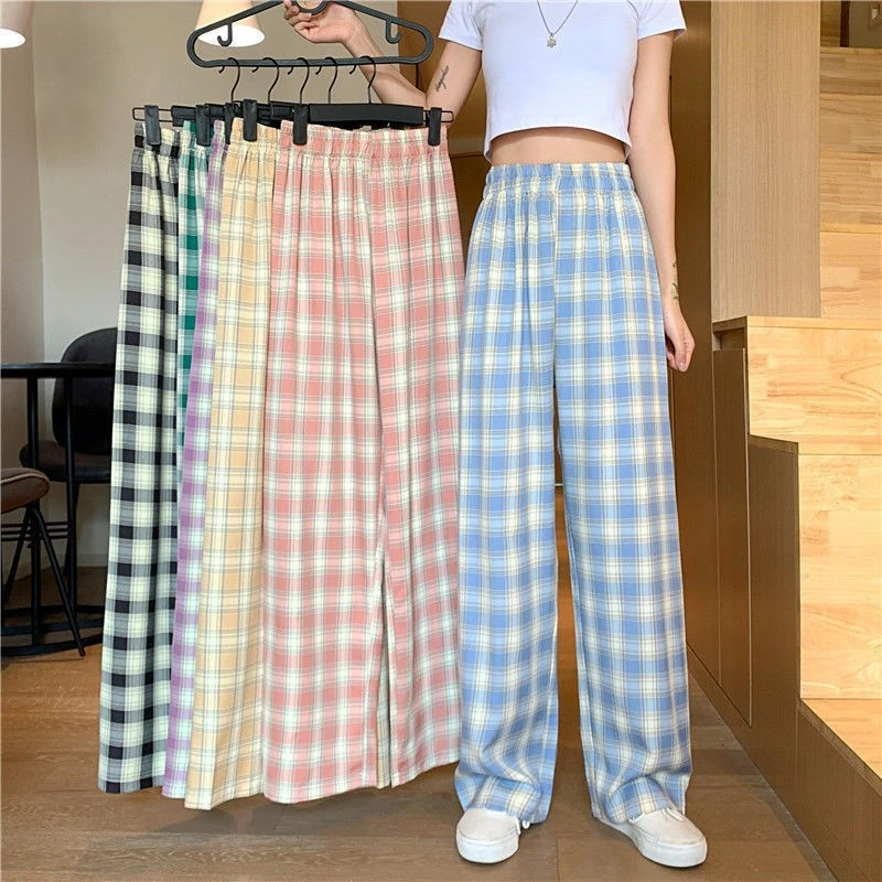 Women's Lightweight Elastic Summer High Waist Wide Leg Casual Pants Retro Plaid Loose