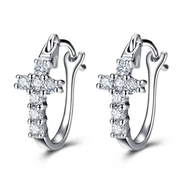 New Trendy 925 Sterling Silver Diamond Cross Hoop Earrings for Women Daily Casual Fashion Earrings