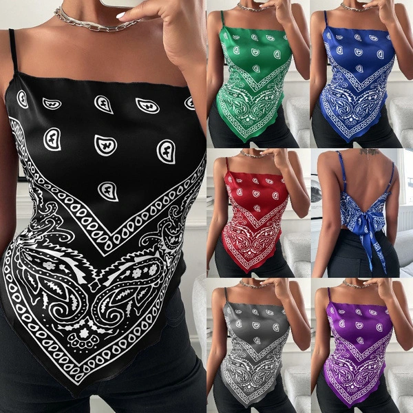 Women's Sexy Vest Shirt Plus Size Summer Tank Tops Bowknot Backless Blouse Paisley Print Satin Handkerchief Top Casual Sleeveless Tanks