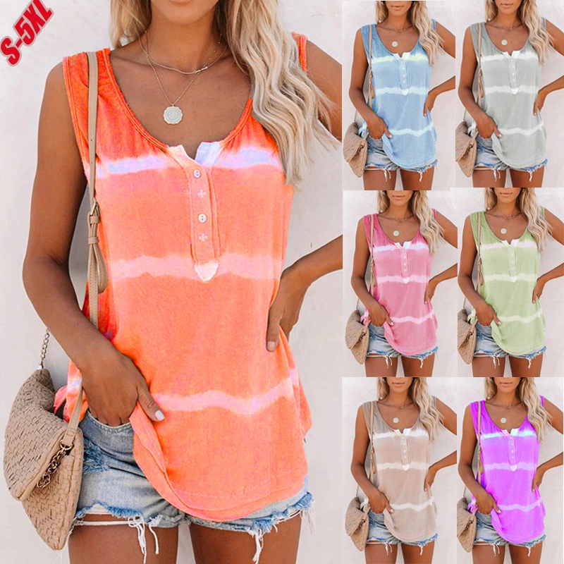 NEW Womens Tie-dye Sleeveless Tank Tops Summer Loose T Shirts Tops Blouse Plus Size