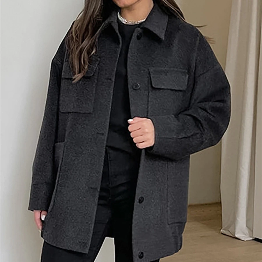 Autumn Winter Retro Women's Dark Gray Woolen Coat