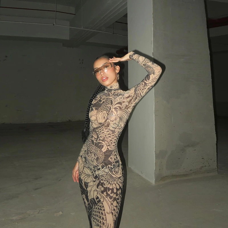 Women's Fashion Personality Street Digital Printed Mesh High Waist Dress