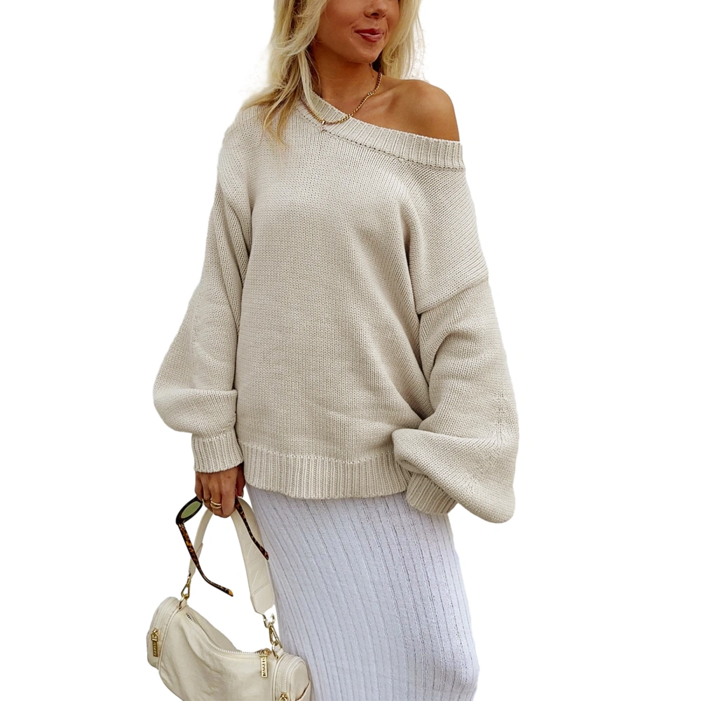 Women Loose Knit Sweater Solid Color Long Sleeve Pullovers Streetwear