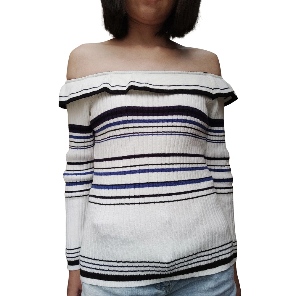 Women's Knit Off Shoulder Tops Ruffled Stripe Long Sleeve Knitwear 