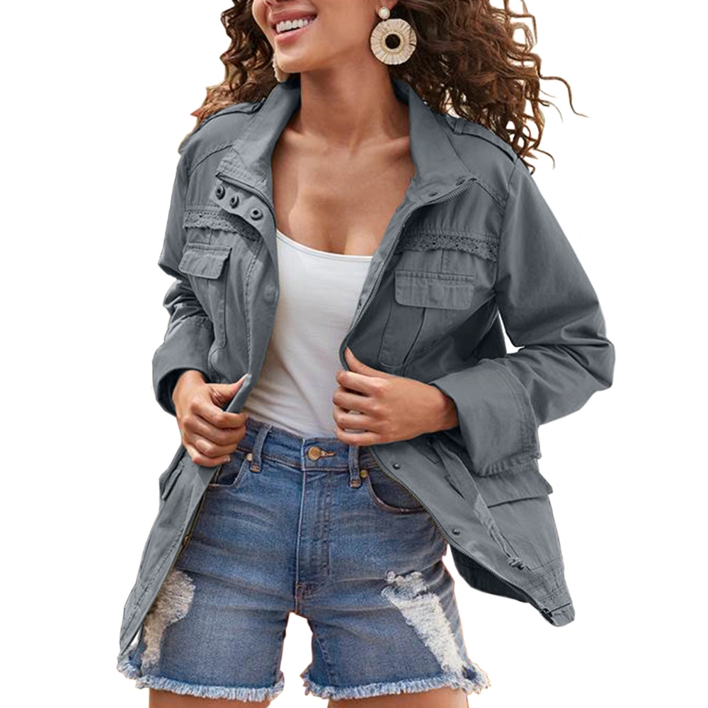 Women's Spring Long Sleeve Lapel Drawstring Jacket with Pockets