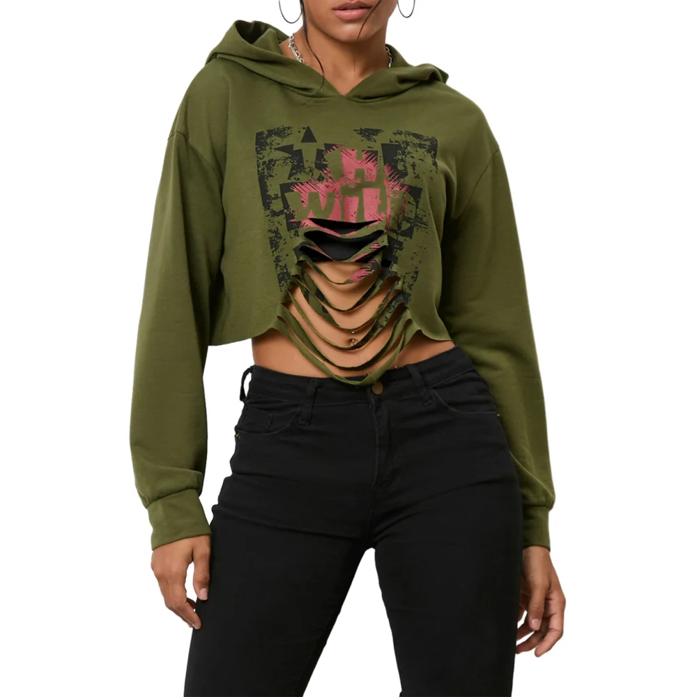 Women Cropped Sweatshirts Printed Cutout Casual Hoodies Pullovers 