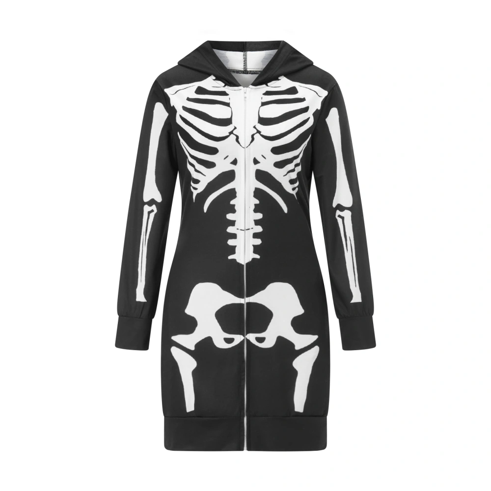 Women's Halloween Costume Long Sleeve Skeleton Print Hooded Dress