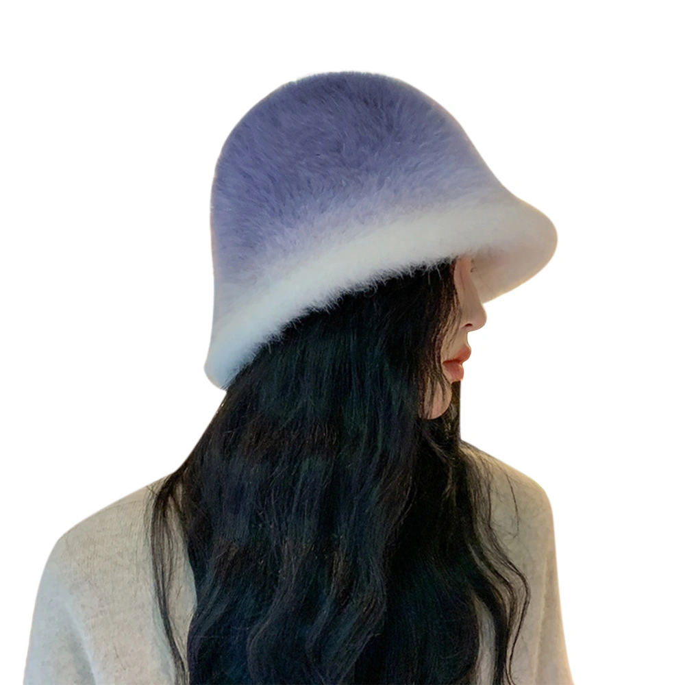 Women Winter Bucket Hat Gradient Plush Furry Hat Wide Brim Cap