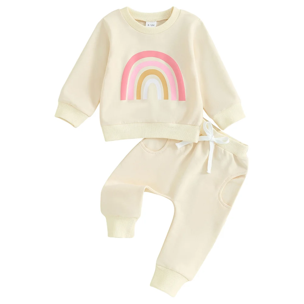 2PCS Baby Girls Fall Outfits Long Sleeve Rainbow Sweatshirt + Pants