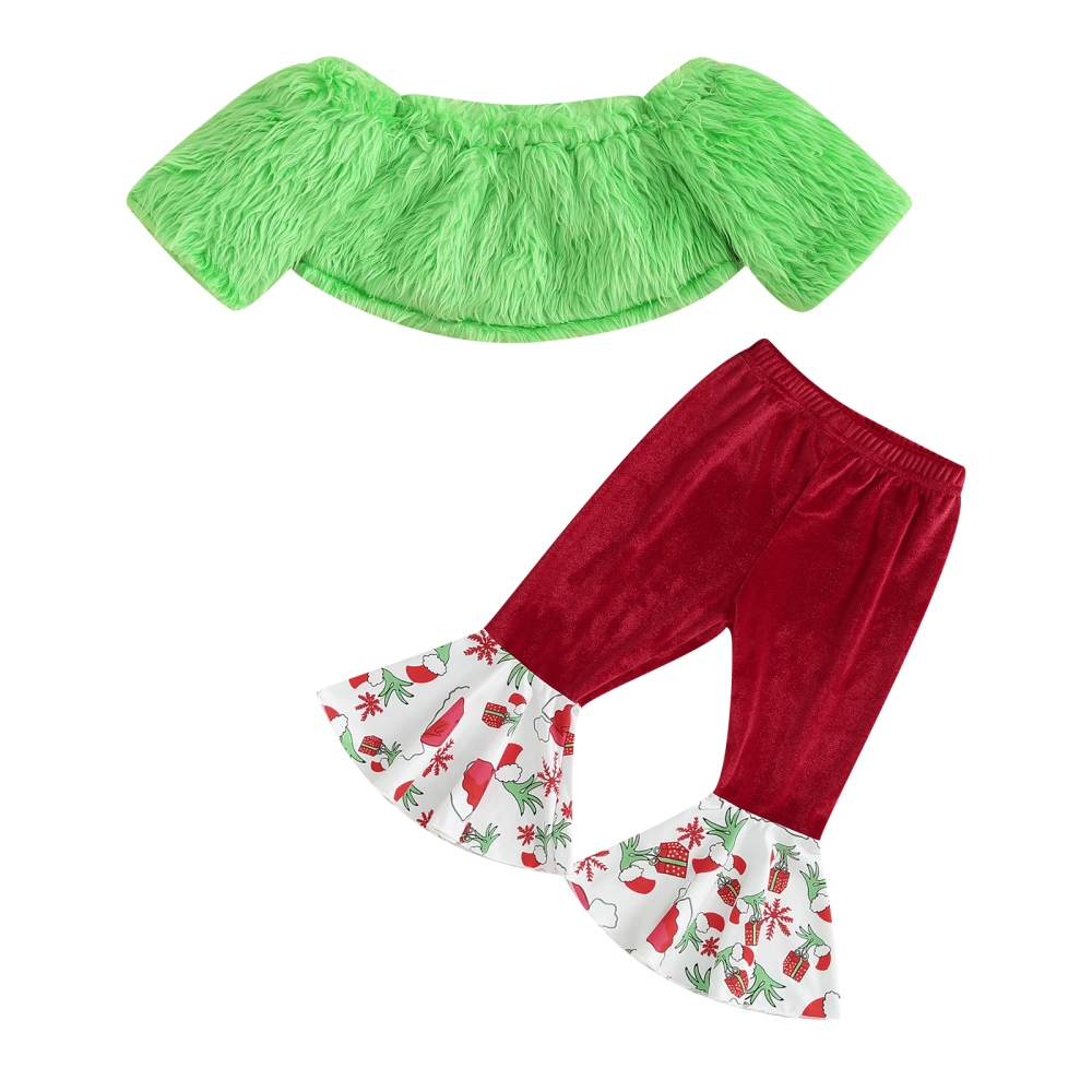 Christmas Girls Pants Set, Off-shoulder Furry Tops Patchwork Pants