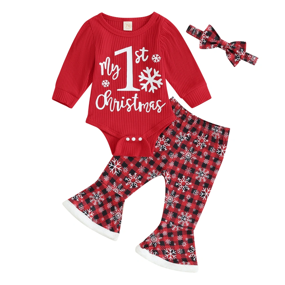 Baby Girls Christmas Letter Print Romper and Flared Pants Headband