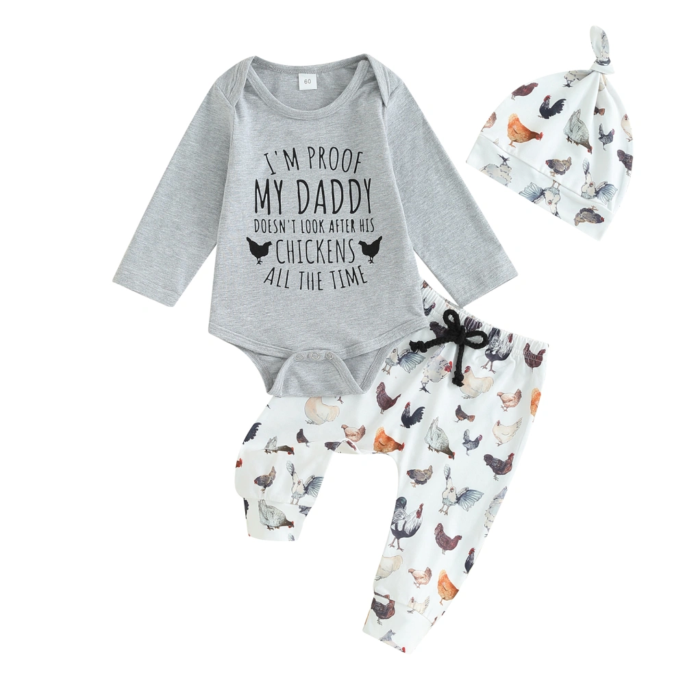 Baby Boys Pants Set, Letters Print Romper Chicken Sweatpants Hat