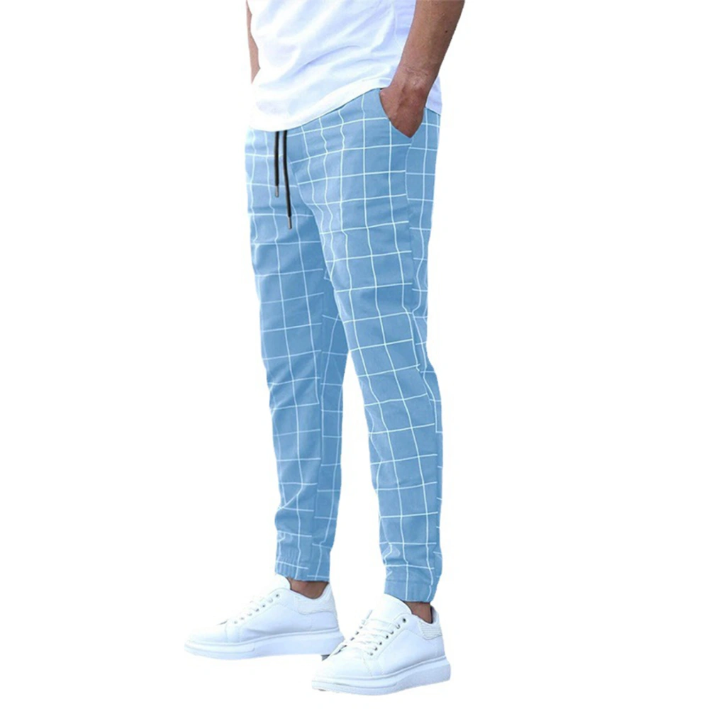 Men Plaid Pants, Elastic Waist Casual Pants Trousers with Pockets