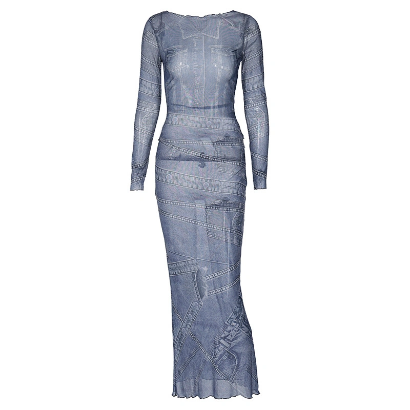 Women Long Sleeve Dress Denim Pattern Sheer Mesh Party Long Dress 