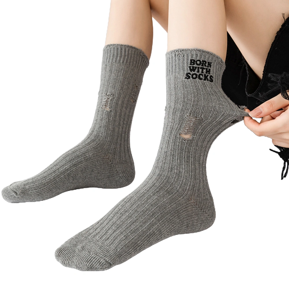 Women Calf Socks, Elastic Soft Embroidery Letters Ripped Boot Socks