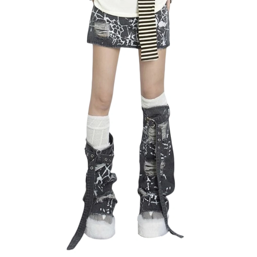 Women's Gothic Denim Leg Warmers Ripped Harajuku Calf Socks with Belt