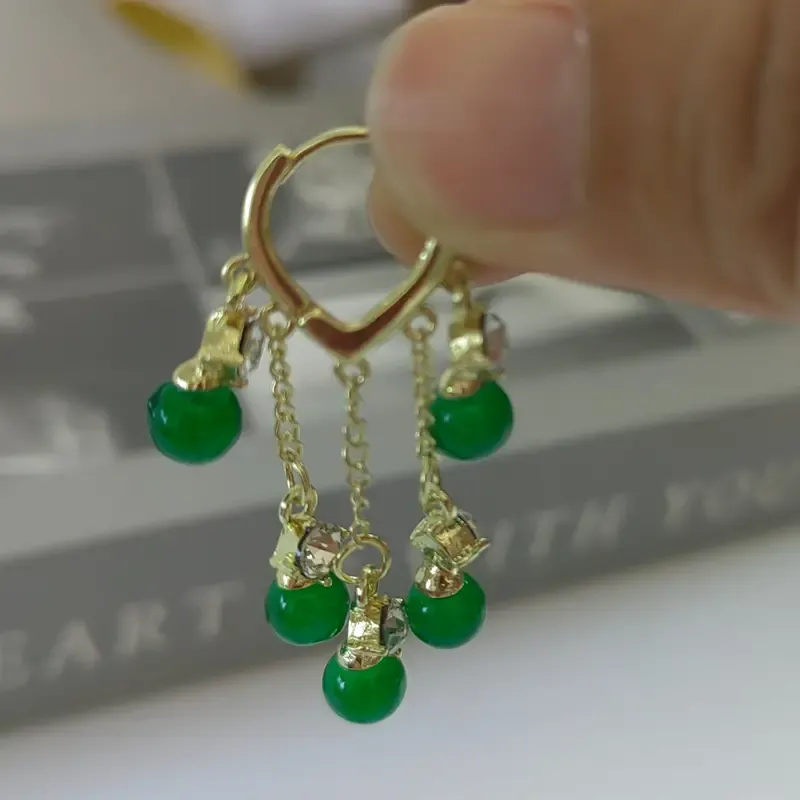 1pair Girl's Delicate Emerald Opal Tassel Ear Buckle Earrings, Vintage Jewelry For Girls