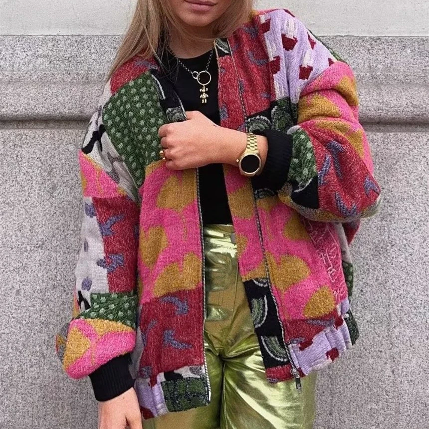 Fashion Vintage Print Color Contrast Short Casual Warm Cotton Coat