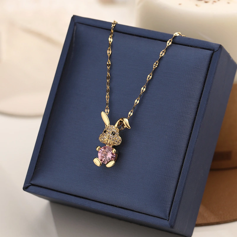 Lovely Crystal Titanium Steel Zircon Rabbit Necklace
