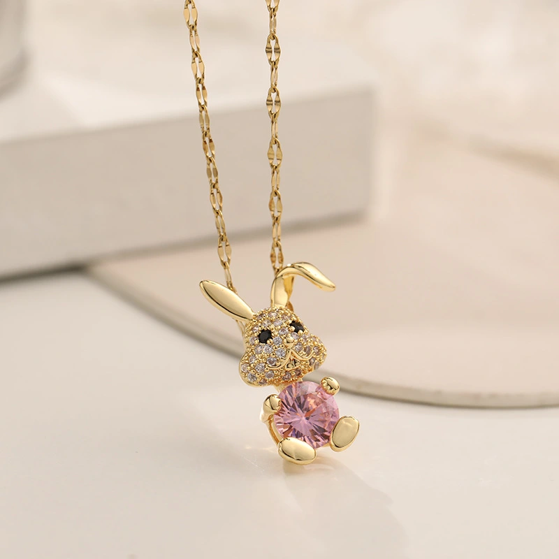 Lovely Crystal Titanium Steel Zircon Rabbit Necklace