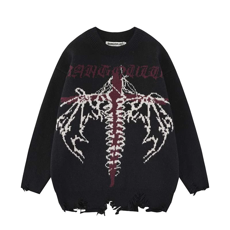 American-style Vintage Cross Jacquard Round Neck Loose Sweater Dark Crocheted Broken Sweater