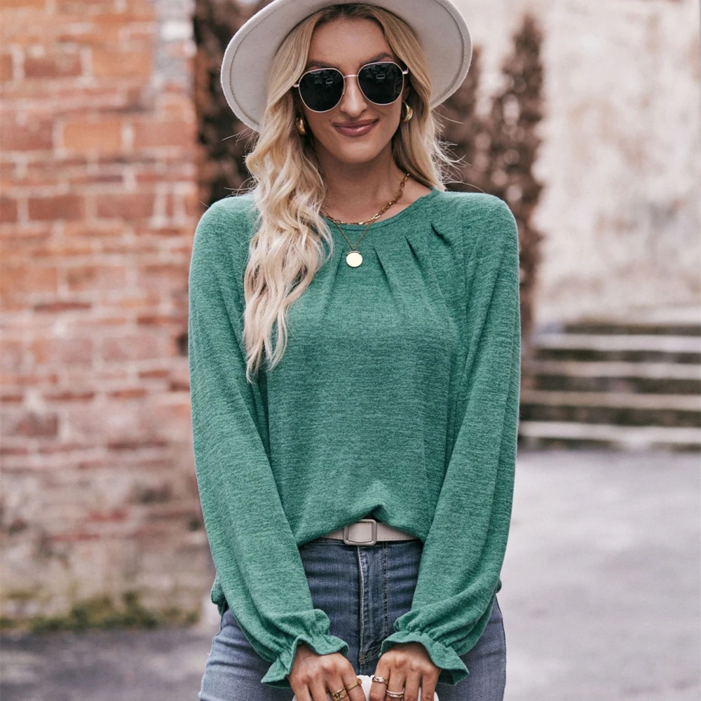 Autumn Women's Casual Round Neck Pleated Brushed T-shirt Long Sleeve Top