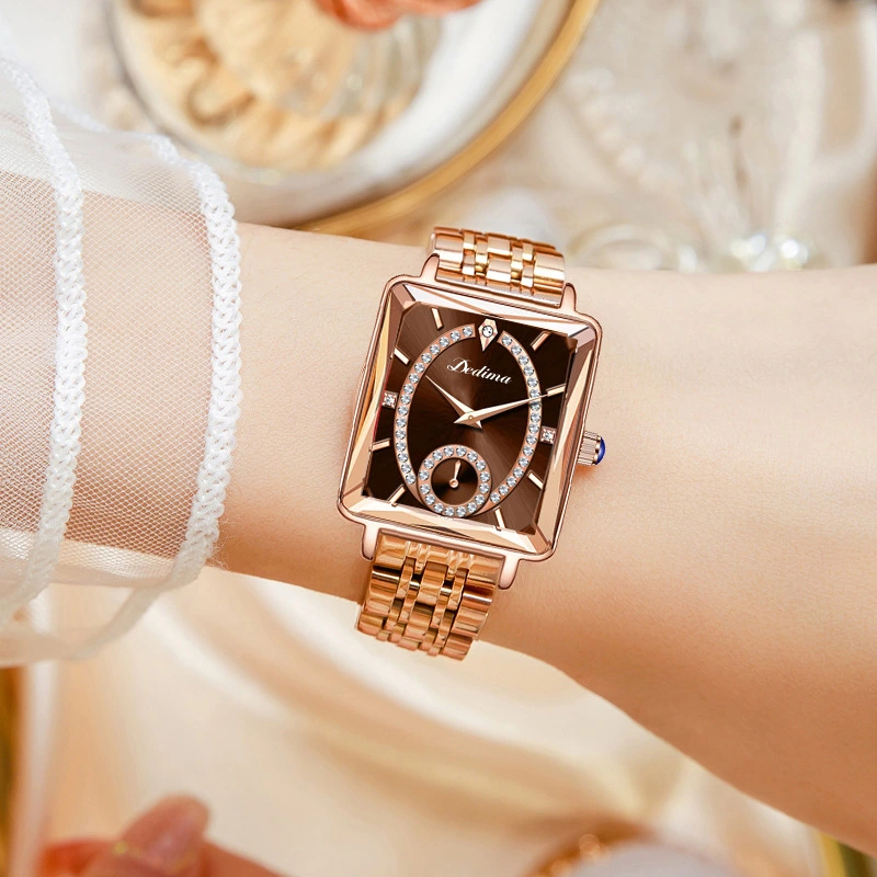 Fashionable Rose Gold Square Women's Diamond Two-pin Half Watch