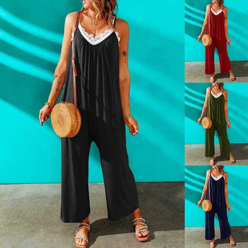 Summer Solid Color And V-neck Jumpsuit Loose Wide Leg