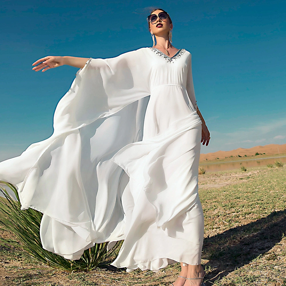 White V-neck Hand-stitched Diamond Cloak Large Swing Dress