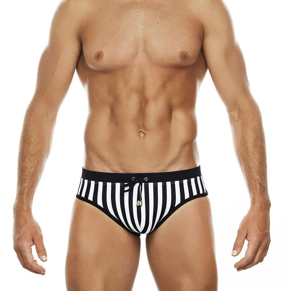 Men's Black And White Stripes Swim Briefs