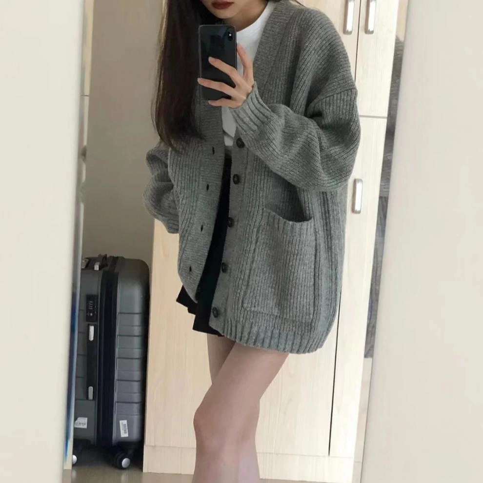 Student V-neck Versatile Solid Color Knitted Coat Cardigan