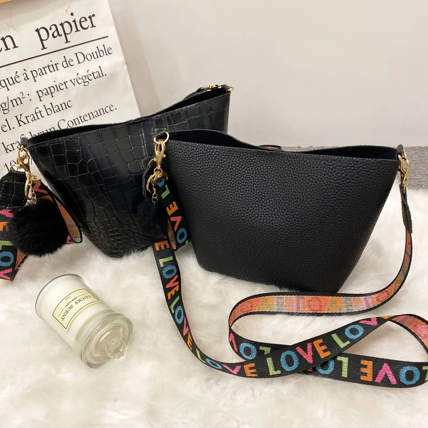 Printing Shoulder Girdle Women's Bucket Bag Lychee Pattern