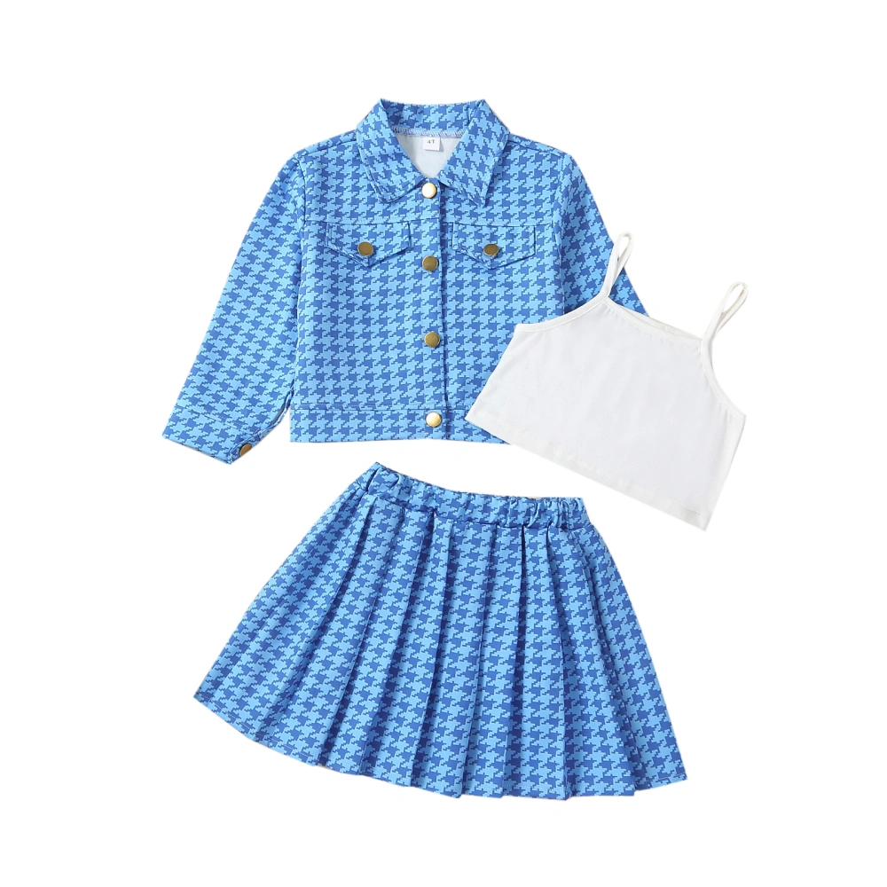 Kids Girl Fall Outfits Houndstooth Coat White Cami Tops Pleated Skirts