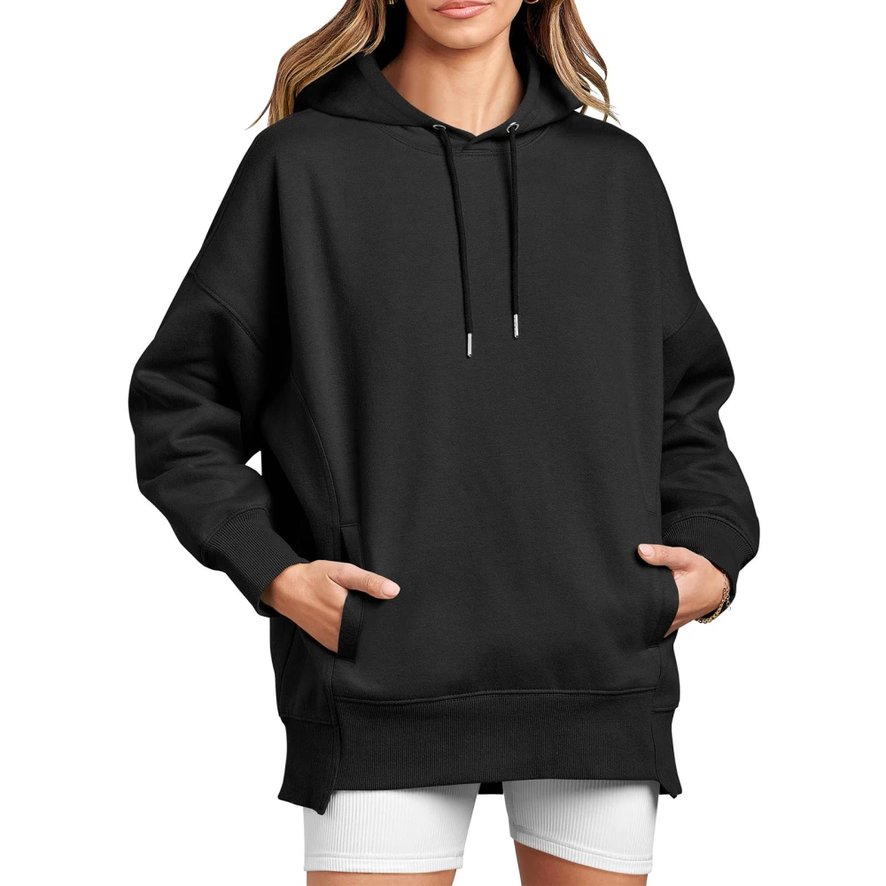 Women's Autumn Loose Hoodies, Solid Color Long Sleeve Pocket Tops