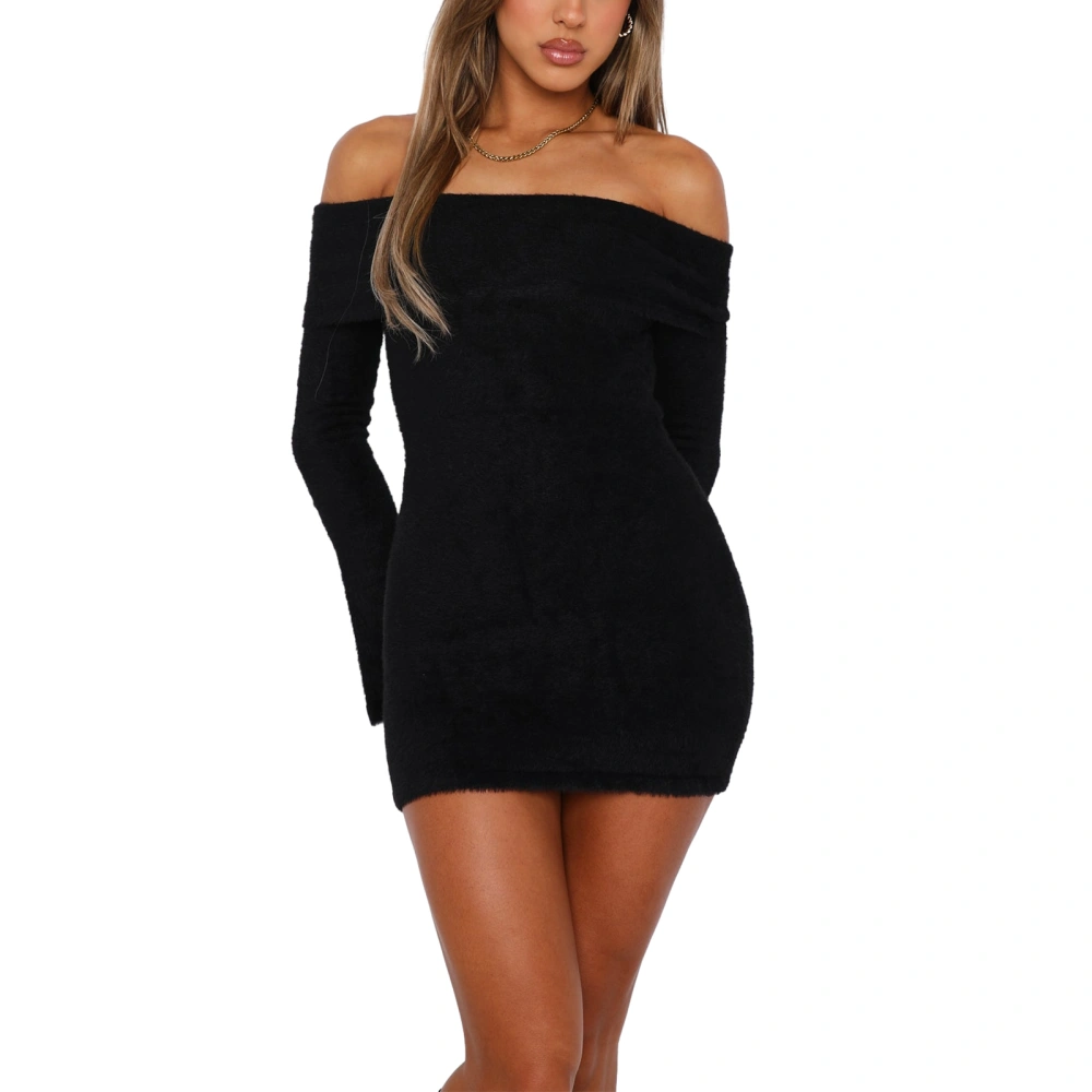 Women Long Sleeve Bodycon Dress Solid Color Off-Shoulder Party Dress 