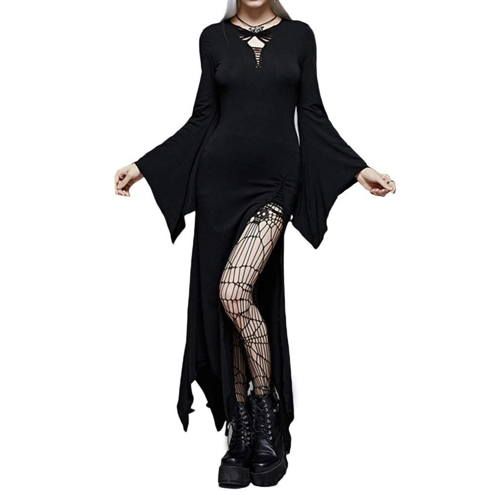 Women Long Bodycon Dress Dark Style Gothic Solid Color Dress