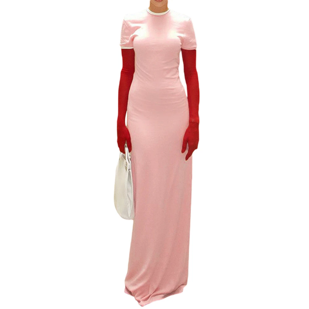 Women's Pink Short Sleeve Contrast Color Dress with Arm Sleeves