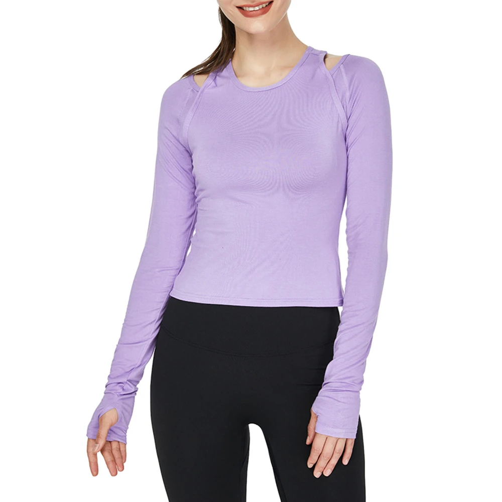 Women Workout Tops Solid Color Cutout Long Sleeve Yoga Athletic Shirt