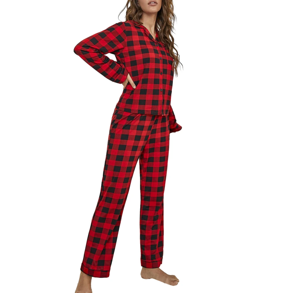 Women Pajamas Lounge Set Plaid Turn-Down Collar Tops and Pants