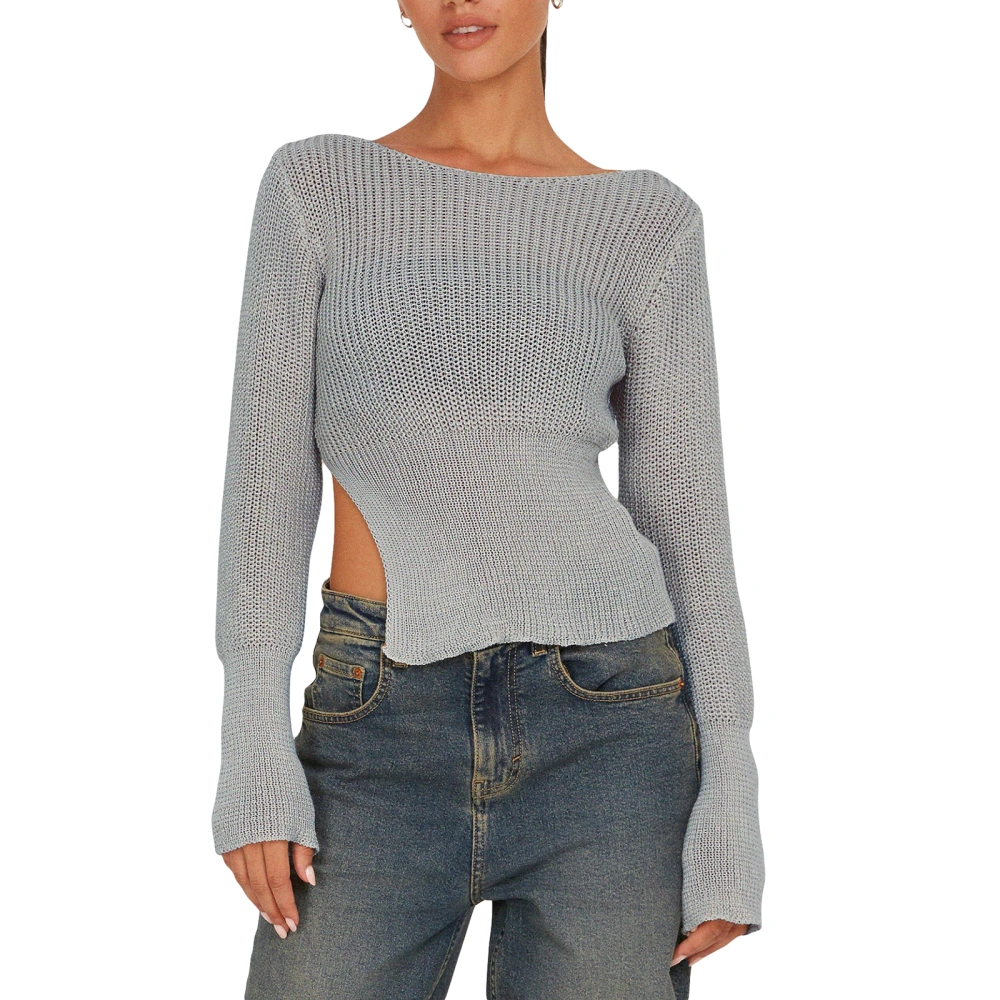 Women's Autumn Cropped Sweater Solid Ribbed Long Sleeve Slit Knitwear